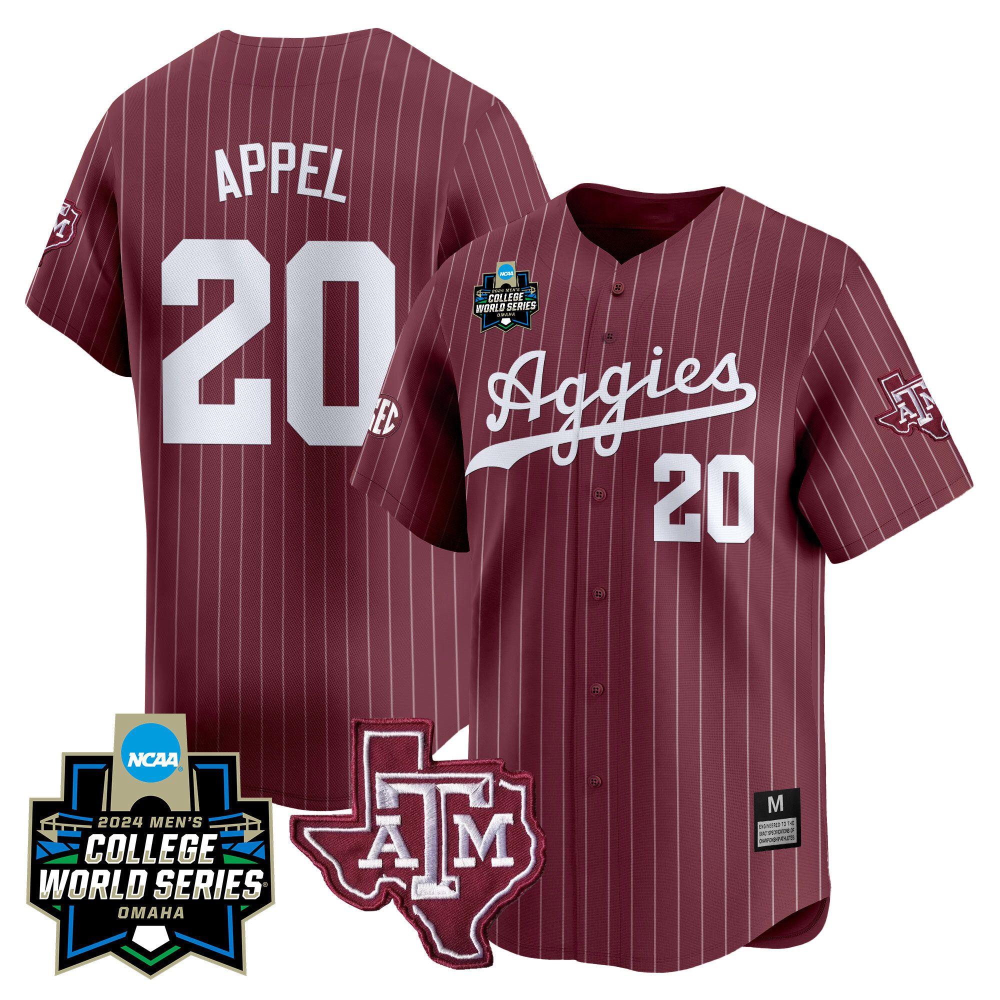 Men Texas A&M Aggies #20 Appel Red Stripe 2024 College World Series Vapor Premier Limited NCAA Jersey